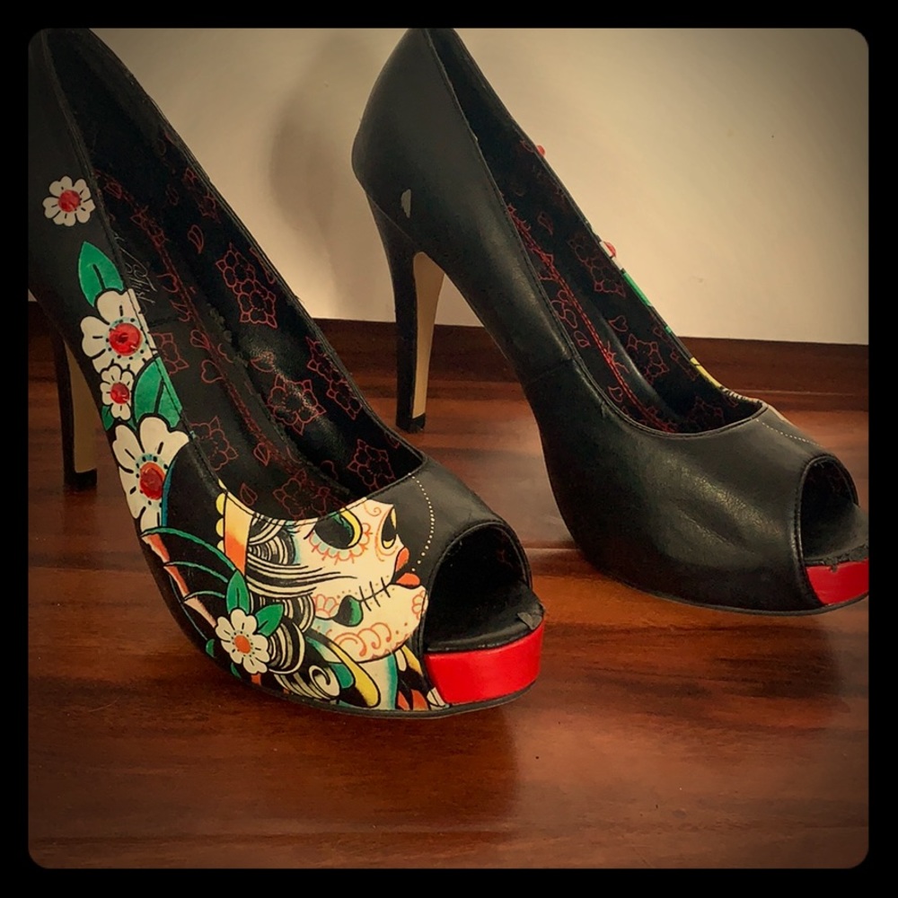 black day of the dead open toed heels